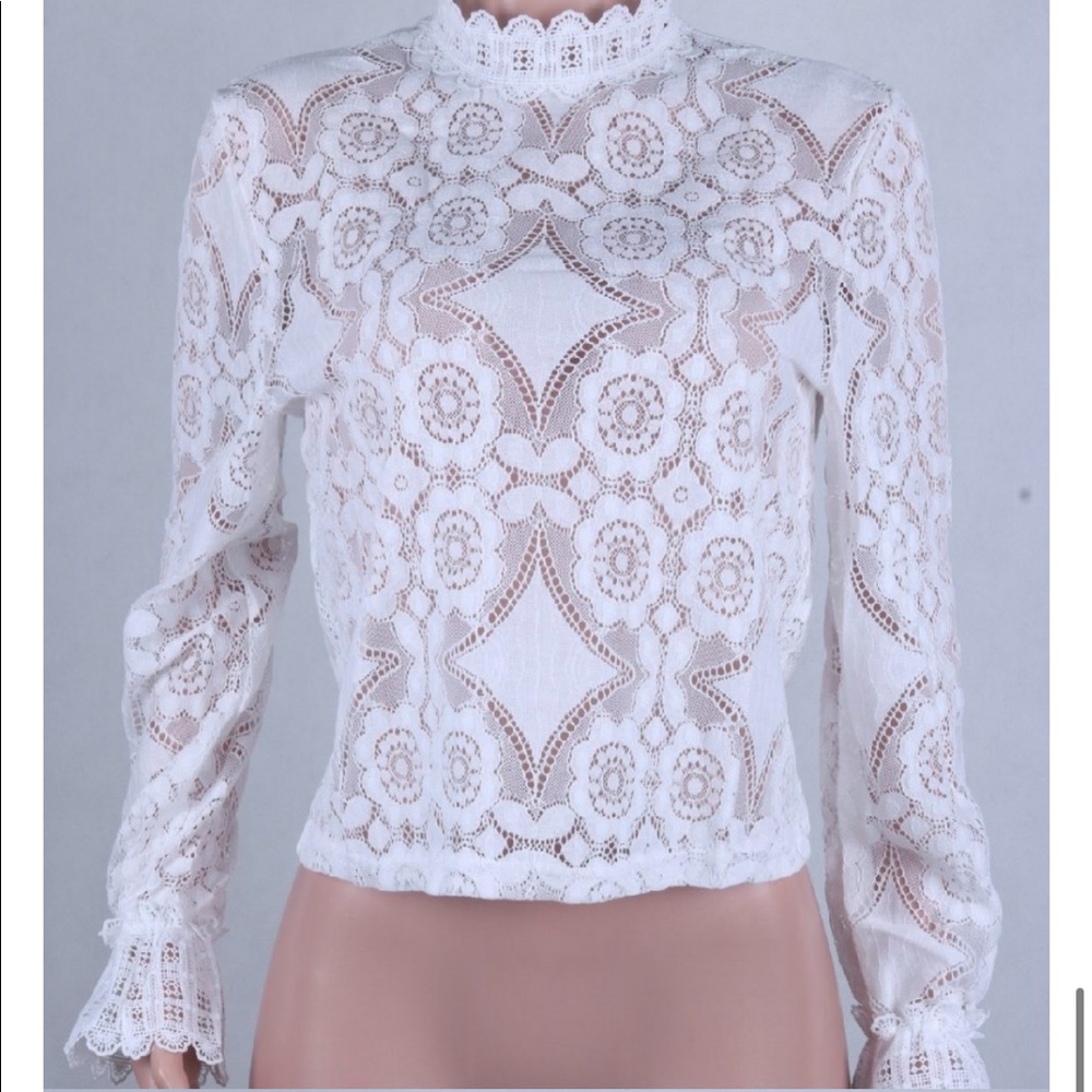 Long Sleeve High Neck Lace Blouse White Boho - Picture 12 of 16